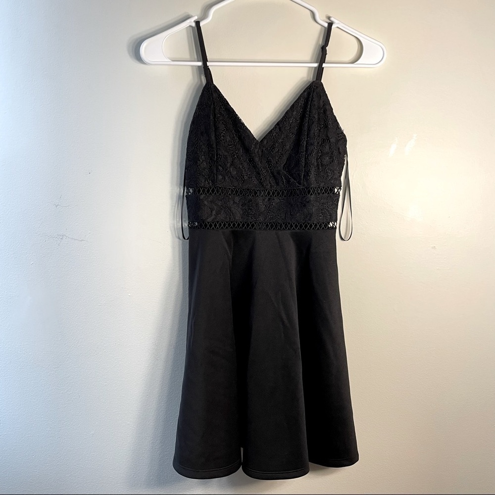 Francesca’s blue rain nylon black lace fit and flare dress miniskirt sleeveless